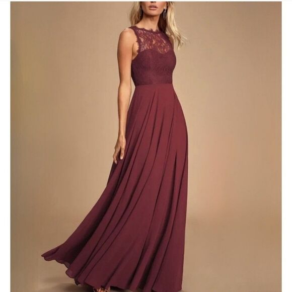 Lulu's Divine Evening Burgundy Lace Chiffon Maxi Dress Sz M Formal Wedding Party - Picture 16 of 16
